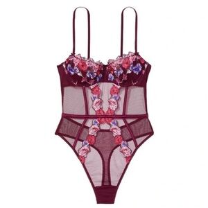 Victoria's Secret Very Sexy Wicked Burgundy Floral Lace Balconette Teddy